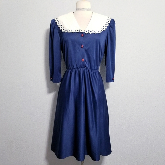 Vintage 80's retro Cottage Core blue office dress 10 P - Picture 1 of 12